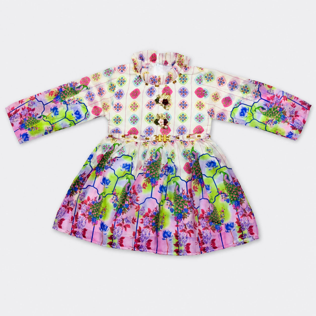Cream Multi Floral Digital Printed Chiffon Frock Girls Suit 4 To 10 Years | Lamtar Kids