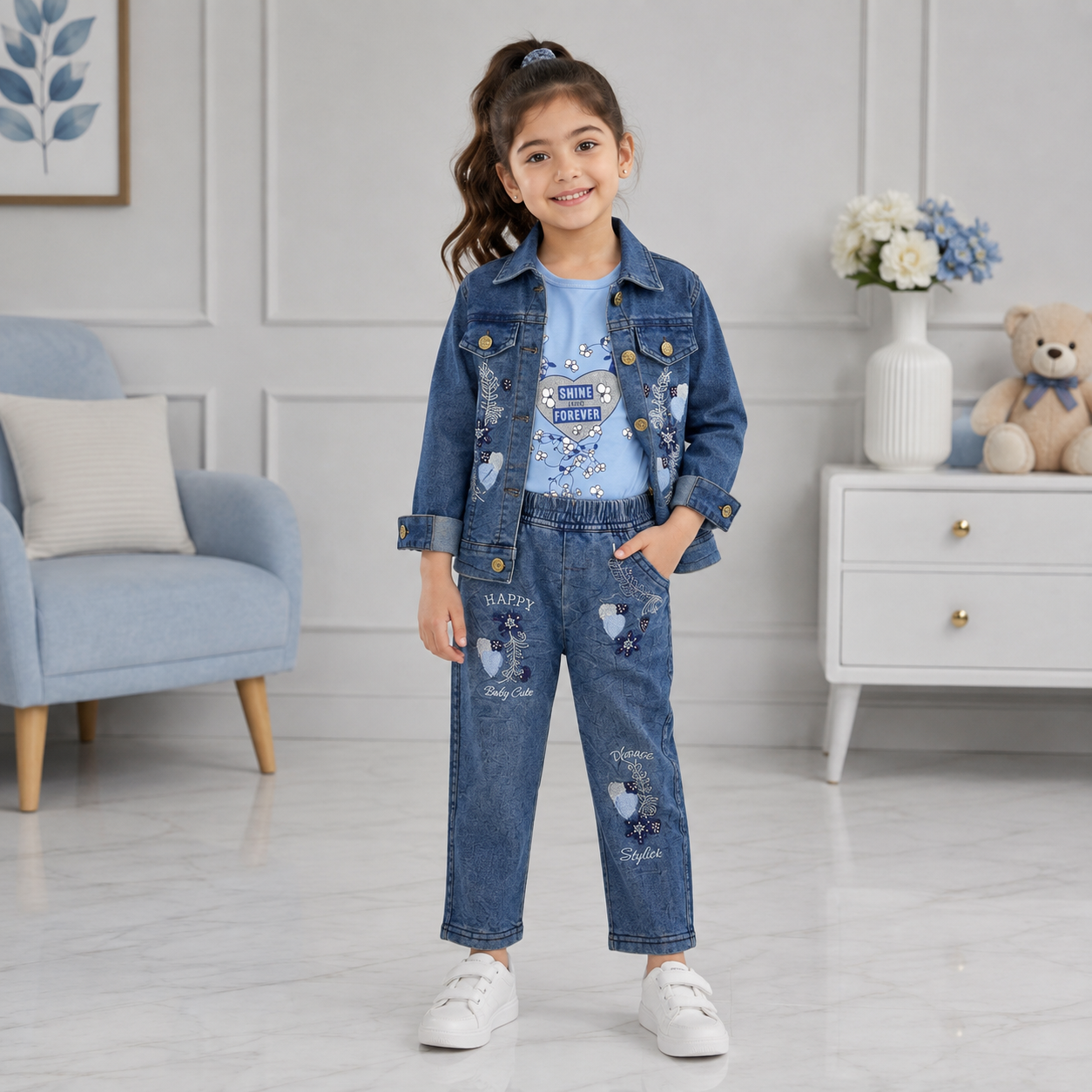 Girls 3-Piece Denim-Look Cotton Suit (Embroidered Jacket, Light Blue Inner & Trouser)
