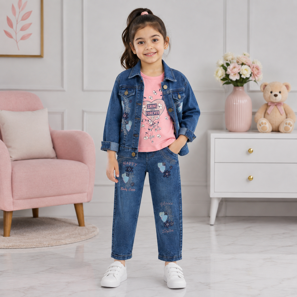 Girls 3-Piece Denim-Look Cotton Suit (Embroidered Jacket, Light Blue Inner & Trouser)