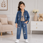 Girls 3-Piece Denim-Look Cotton Suit (Embroidered Jacket, Light Blue Inner & Trouser)