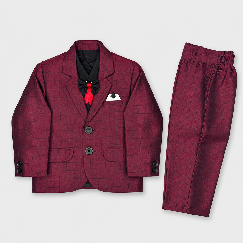 Boys 5-Piece Checkered Formal Suit – Blazer, Waistcoat, Shirt, Trouser & Bow Tie | 18–30 Months