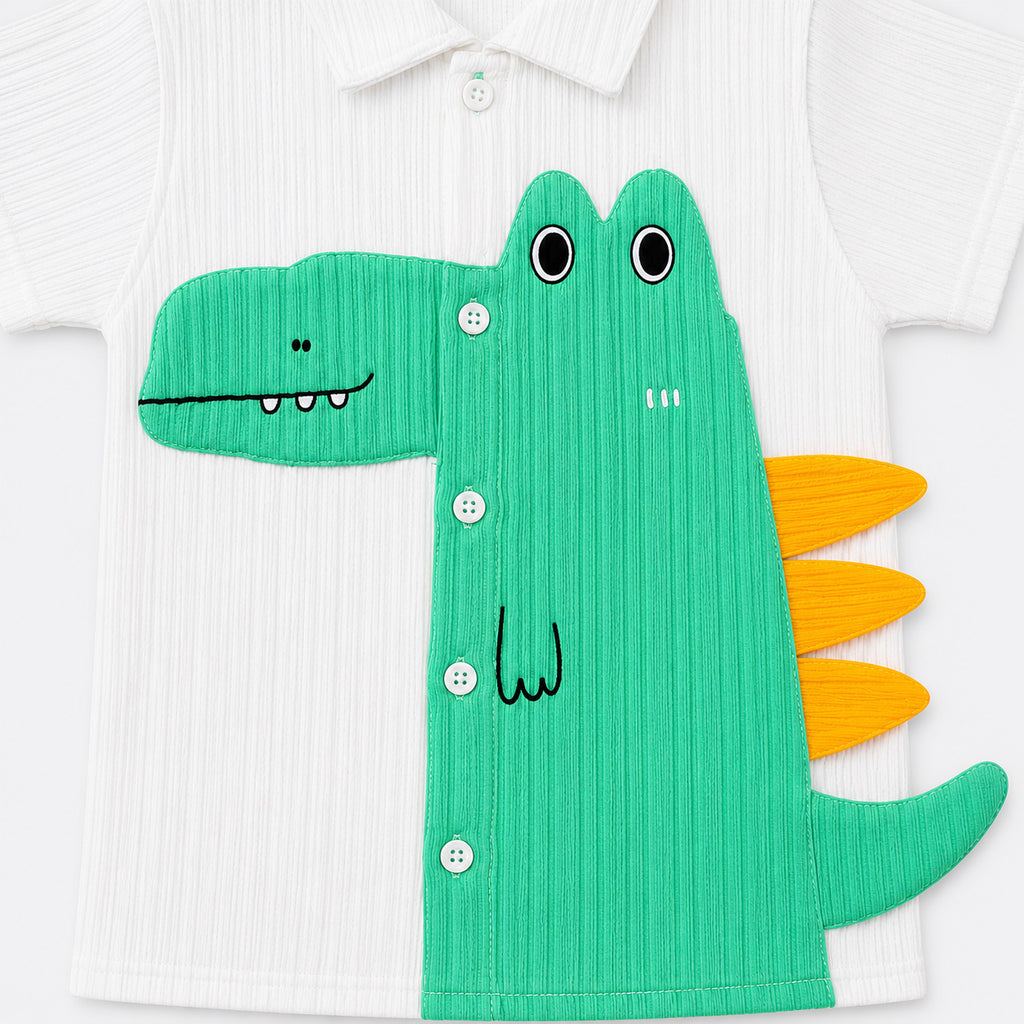 Boys Cotton Crocodile Short Suit – White Green 2 Piece Set | Lamtar Kids