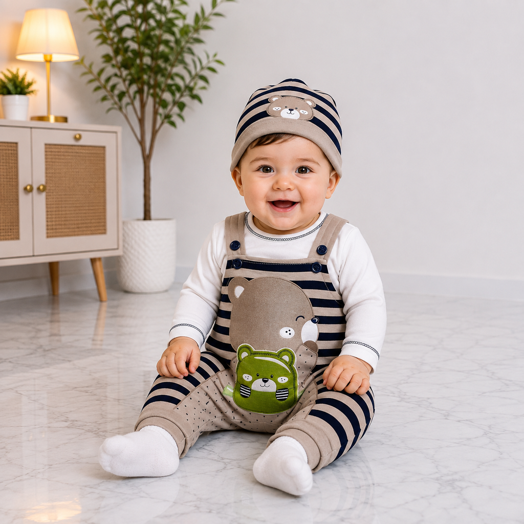 Baby Boys 3-Piece Romper Set | Bear Print Romper with Cap & Inner Shirt