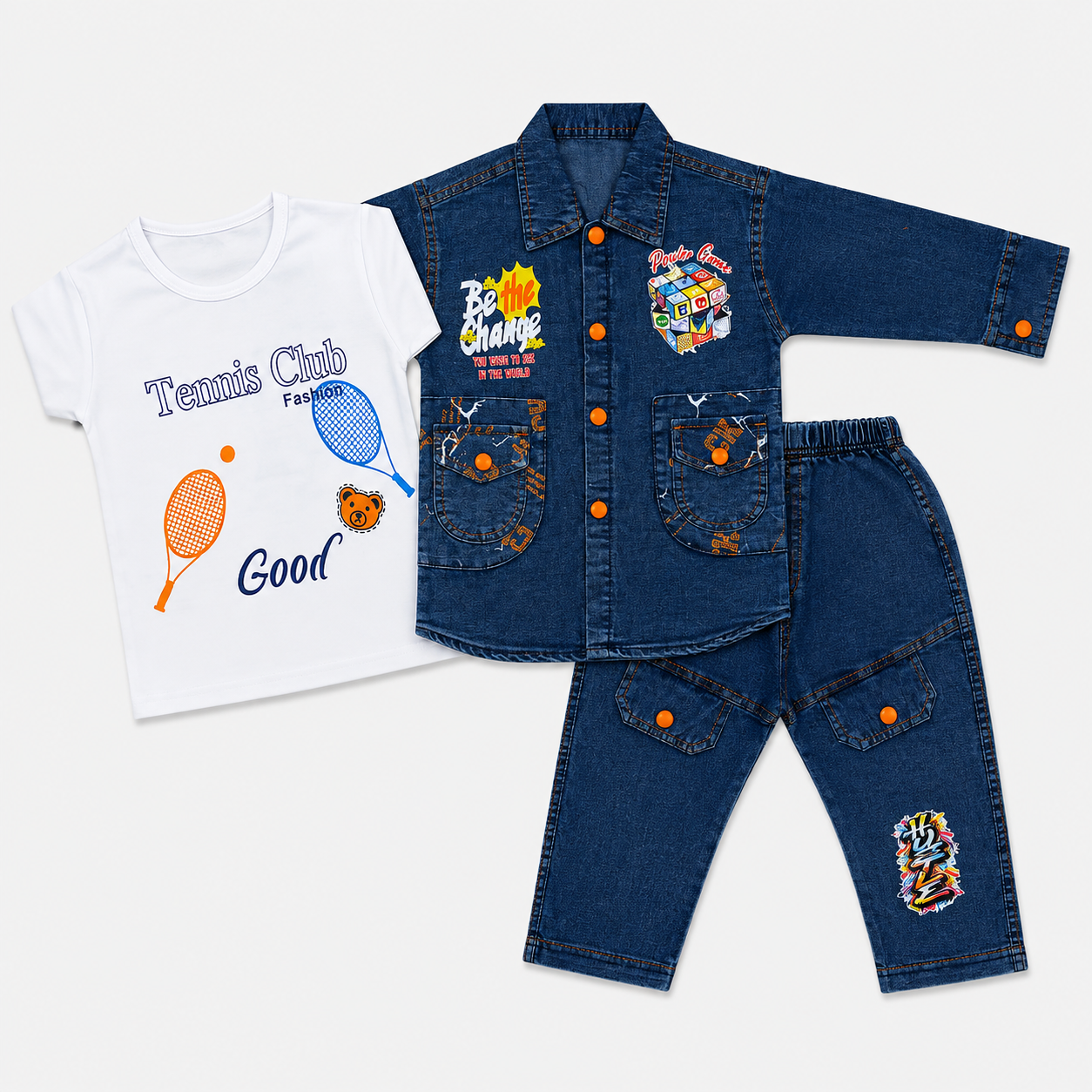 Boys Denim 3-Piece Suit – Printed T-Shirt, Jacket & Jeans Set