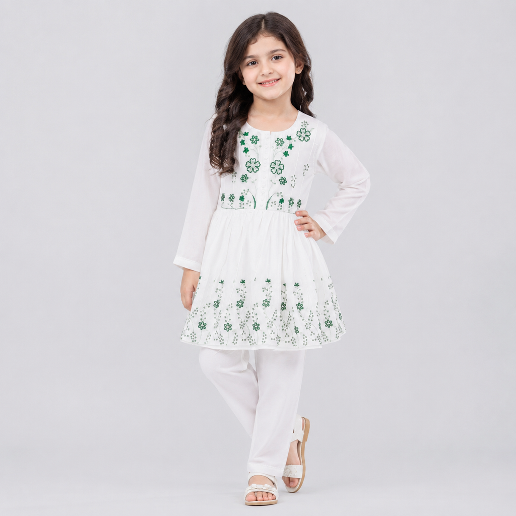 KIDS 2-PIECE WHITE & GREEN EMBROIDERED FROCK SUIT (14 AUGUST SPECIAL)