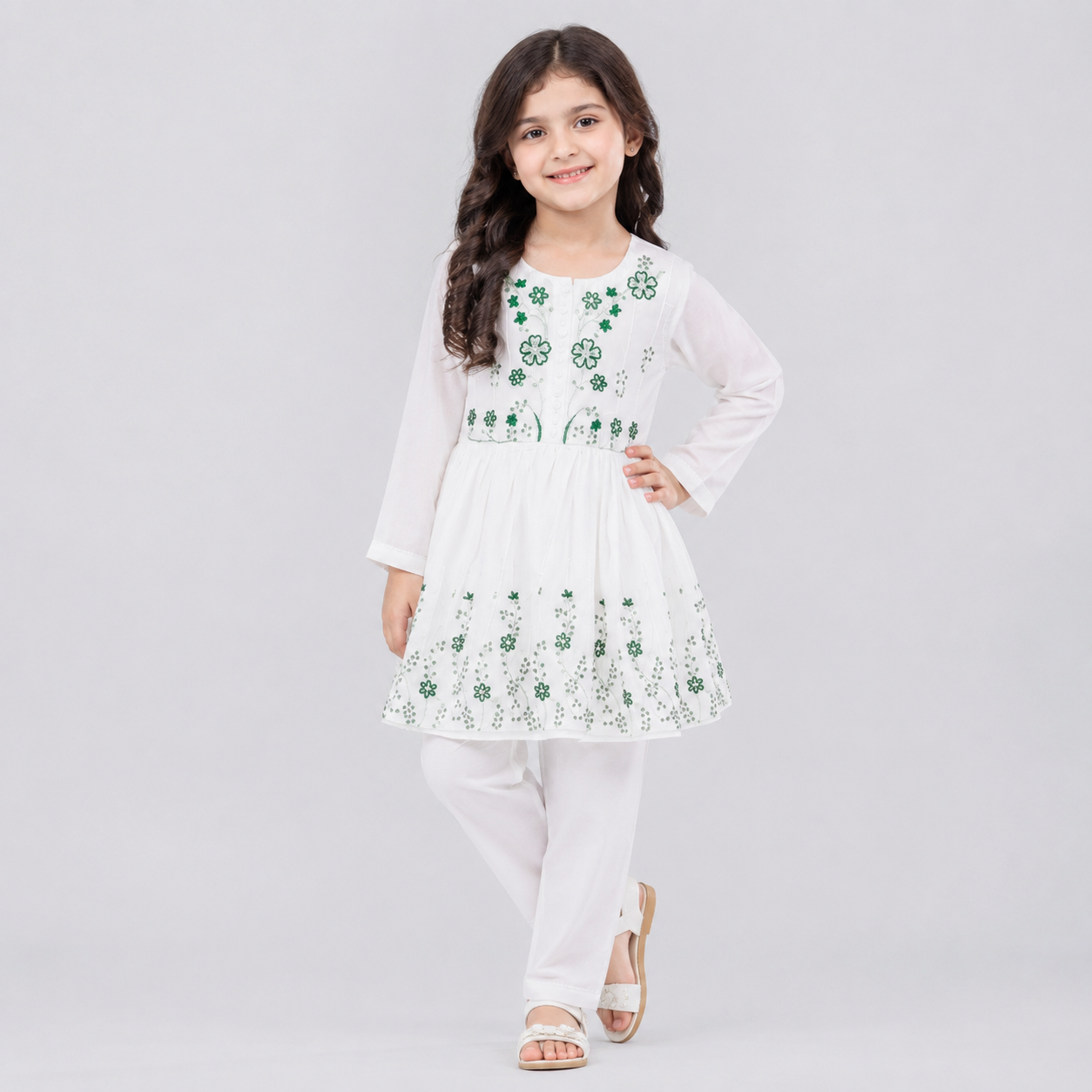 KIDS 2-PIECE WHITE & GREEN EMBROIDERED FROCK SUIT (14 AUGUST SPECIAL)