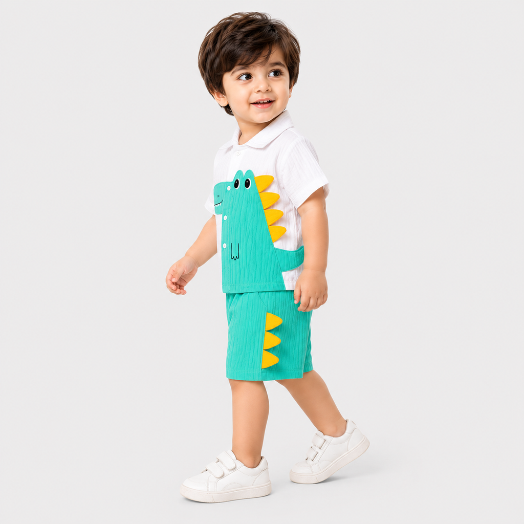 Boys Cotton Crocodile Short Suit – White Green 2 Piece Set | Lamtar Kids