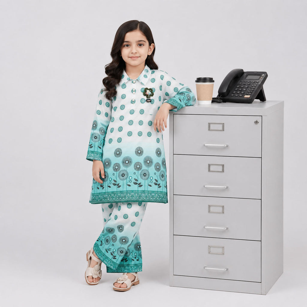 Girls 2 Piece Digital Printed Chiffon Suit – Aqua Green Floral Kids Outfit
