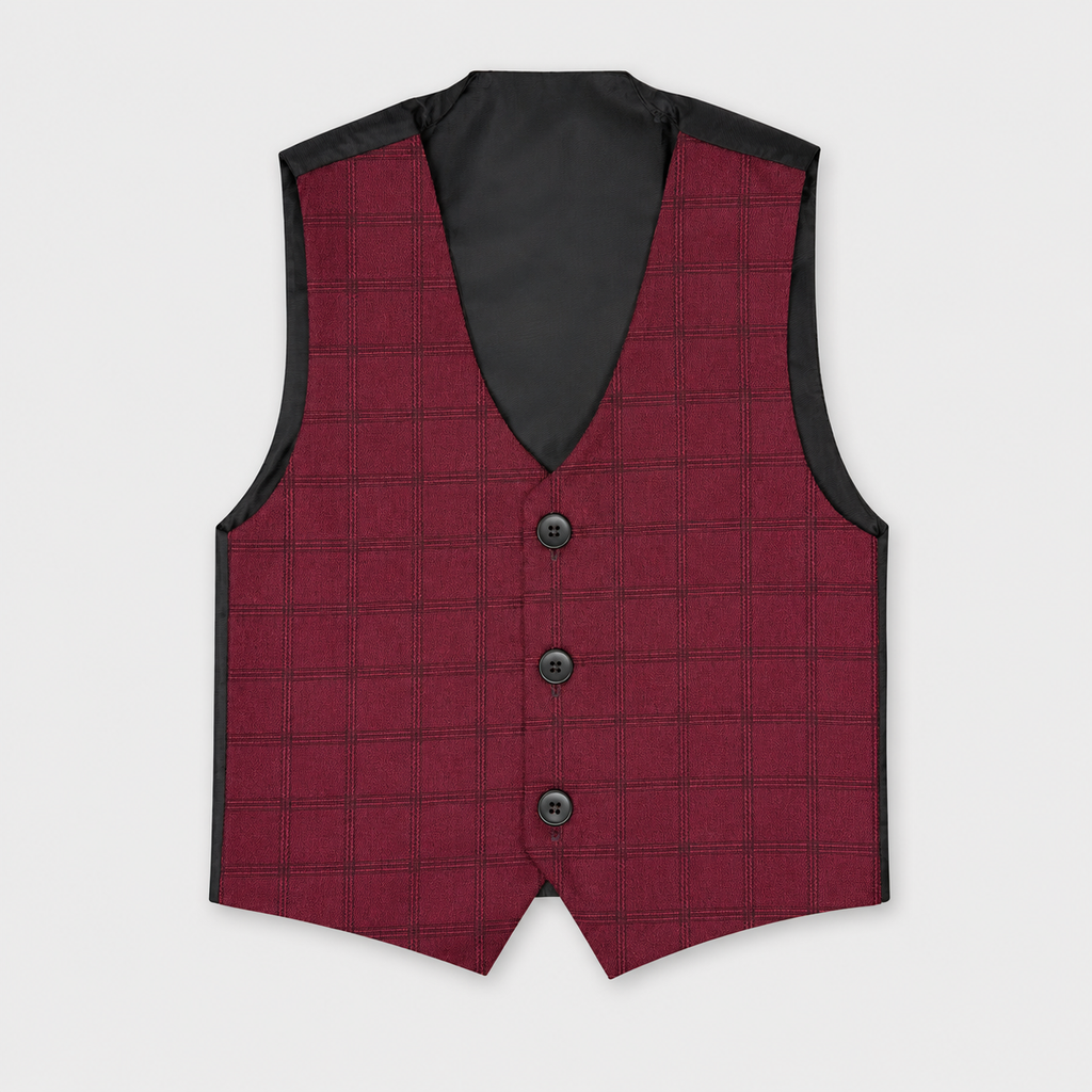 Boys 5 Piece Tuxedo Suit – Maroon Plaid Formal Party Wear