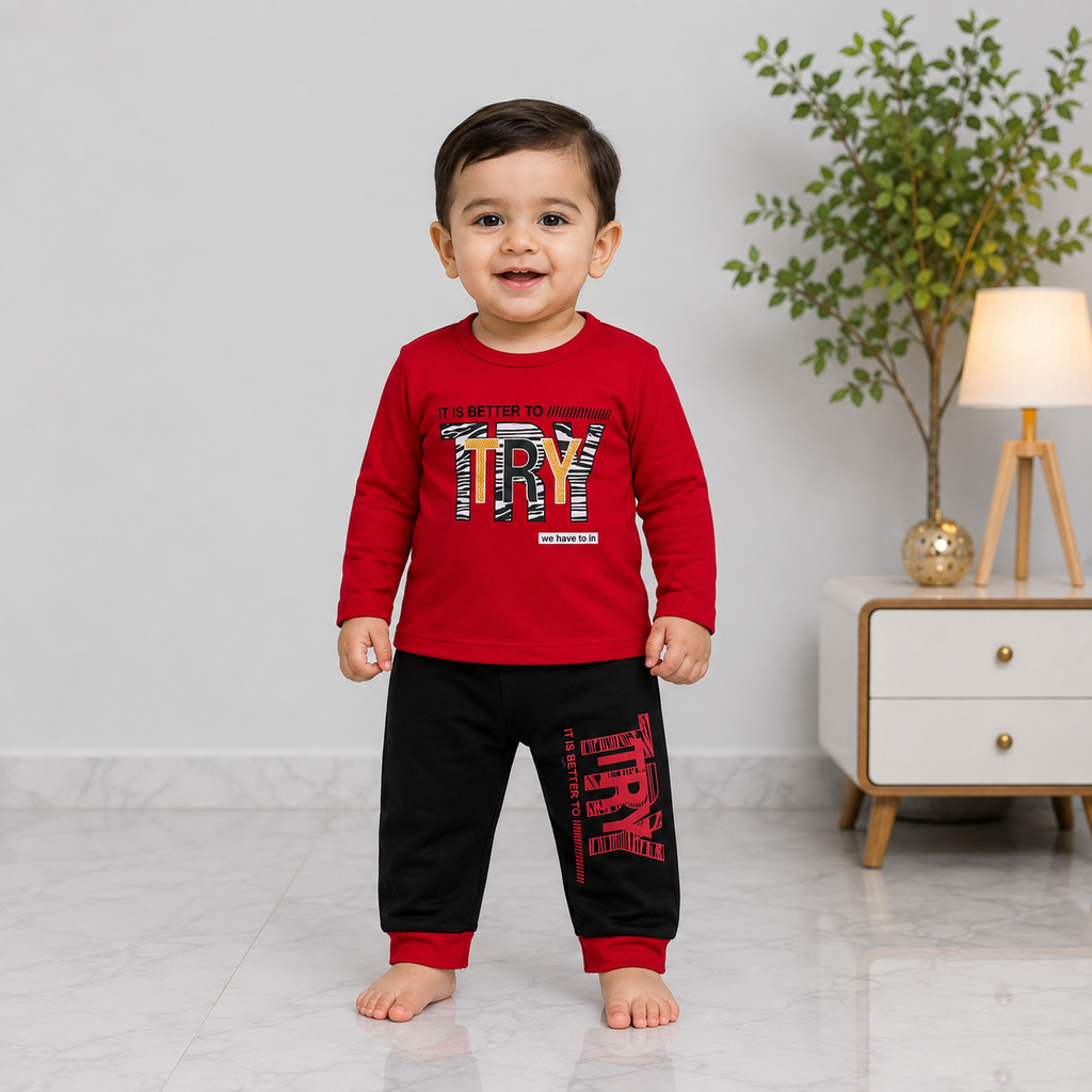 Baby Boys Jersey 2 Piece Tracksuit Set – Printed Full Sleeve T-Shirt & Trouser