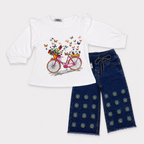 Girls Premium Jersey & Jeans 2 Piece Set – Butterfly Bicycle Printed Top & Wide Leg Denim Outfit |