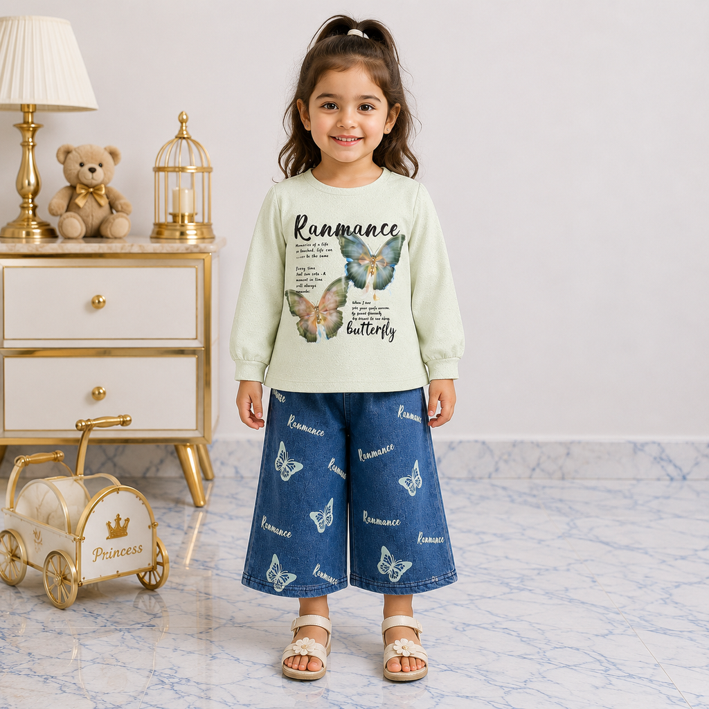 Girls Butterfly 3D Look | Premium Jersey With Denim | 2-Piece Suit