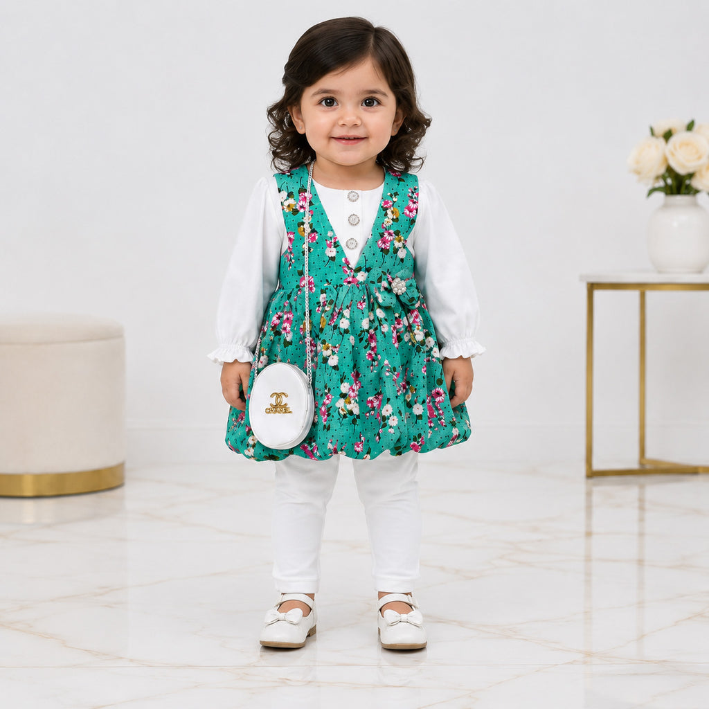 Girls 3 Piece Floral Frock Suit 2-5 Years – Green Printed Dress with Trouser & Bag