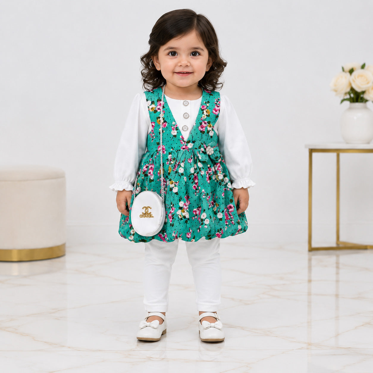 Girls 3 Piece Floral Frock Suit 2-5 Years – Green Printed Dress with Trouser & Bag