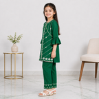 Girls Cotton Embroidered 2 Piece Suit – Green Kurti With Trouser – Kids Eastern Wear