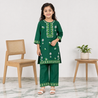 Girls Green Cotton 2 Piece Suit with Embroidery – Kids Eastern Kurti Trouser Set