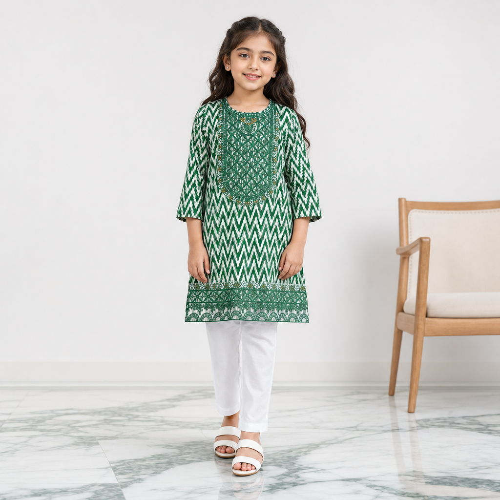 Girls Green & White PV Cotton Embroidered 2-Piece Suit| Lamtar Kids