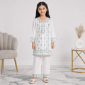 Girls Cotton 2 Piece Suit – White Kurti With Trouser – Green Printed Eastern Wear