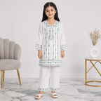 Girls Cotton 2 Piece Suit – White Kurti With Trouser – Green Printed Eastern Wear