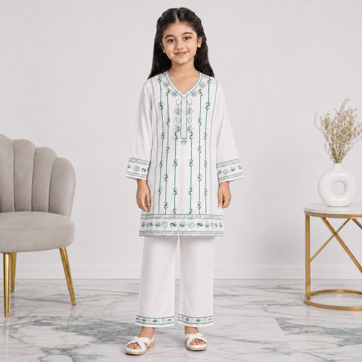 Girls Cotton 2 Piece Suit – White Kurti With Trouser – Green Printed Eastern Wear