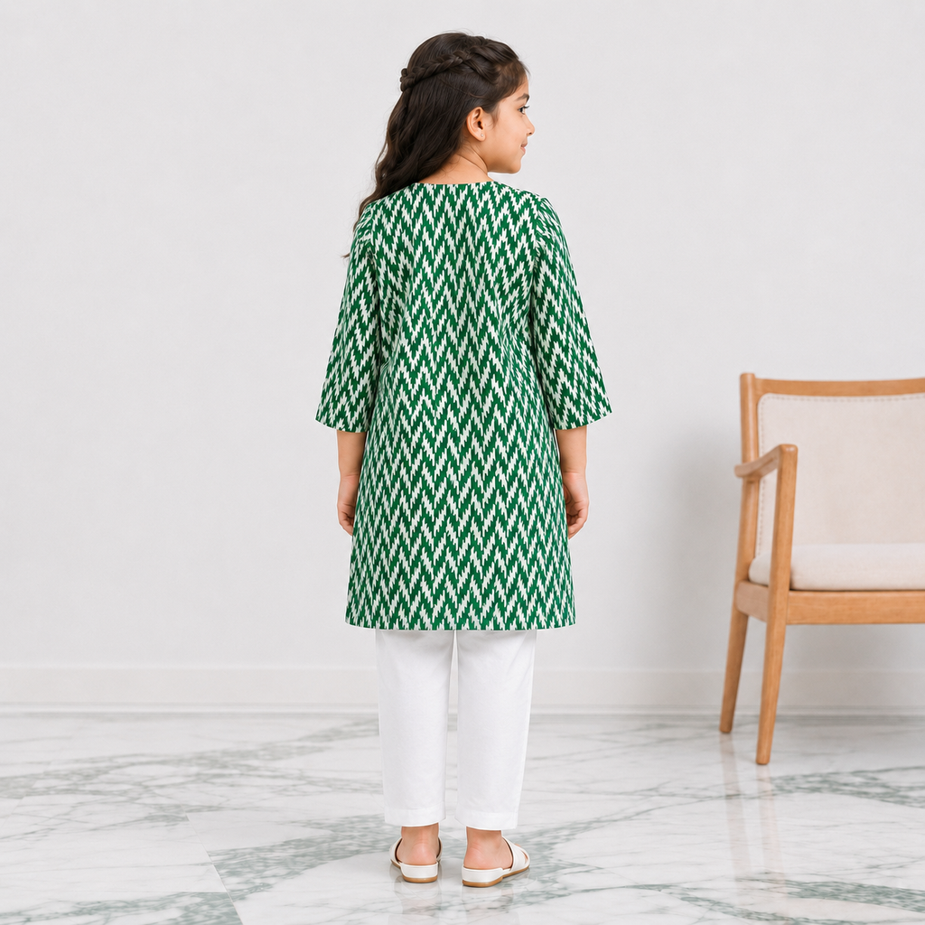 Girls Green & White PV Cotton Embroidered 2-Piece Suit| Lamtar Kids