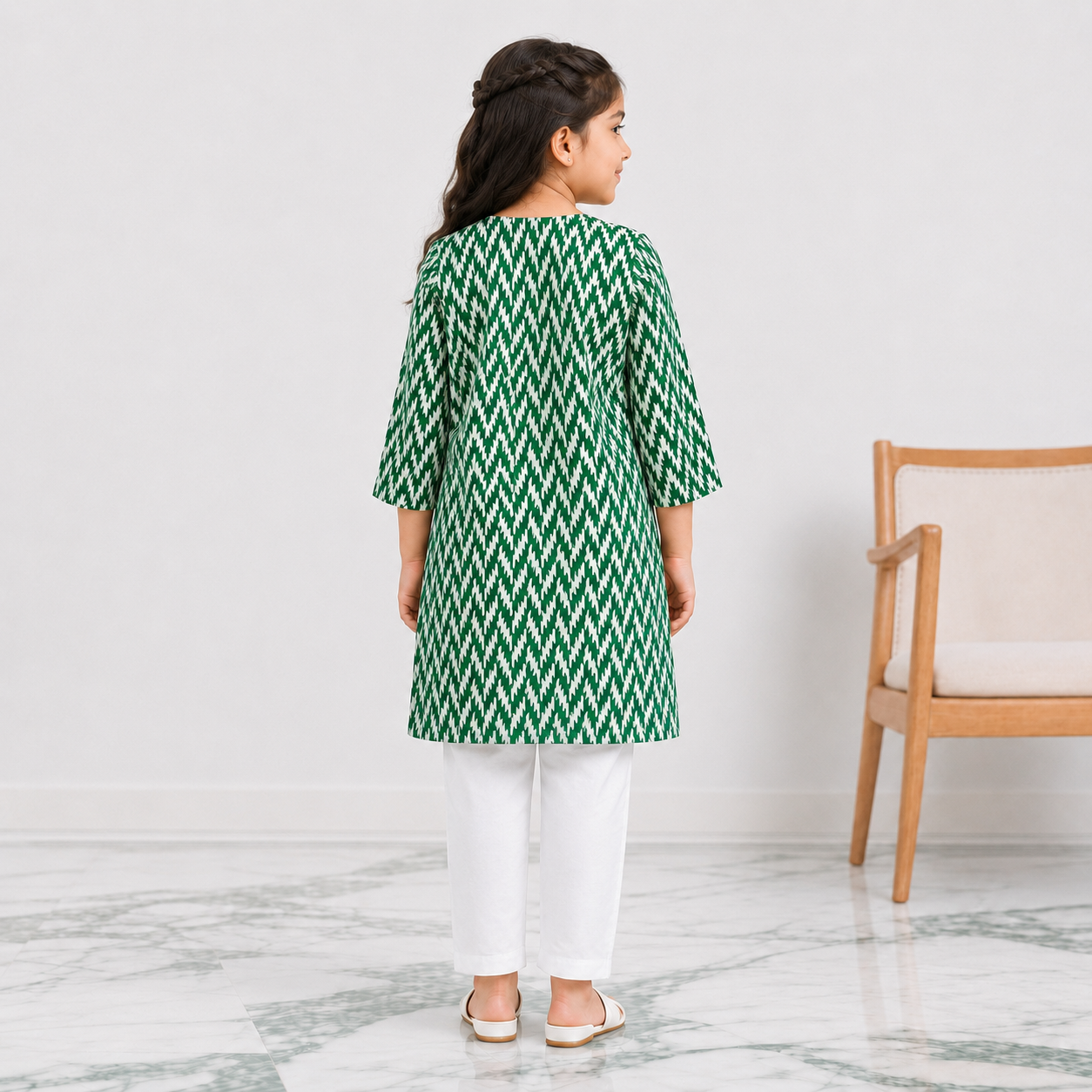 Girls Green & White PV Cotton Embroidered 2-Piece Suit| Lamtar Kids