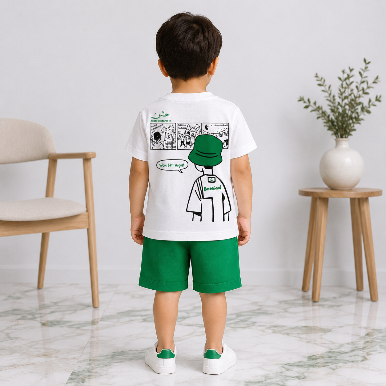 Boys 14 August Jersey 3 Piece Outfit with Crossbody Bag – White T-Shirt & Green Shorts Set