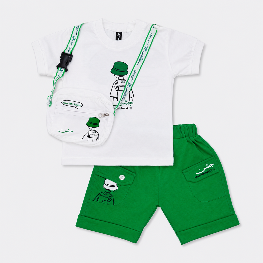 Boys 14 August Jersey 3 Piece Outfit with Crossbody Bag – White T-Shirt & Green Shorts Set