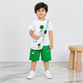 Boys 14 August Jersey 3 Piece Outfit with Crossbody Bag – White T-Shirt & Green Shorts Set