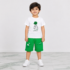 Boys 14 August Jersey 3 Piece Outfit with Crossbody Bag – White T-Shirt & Green Shorts Set