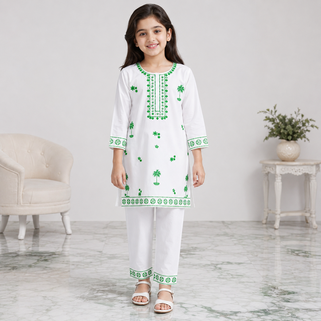 Girls Cotton 2 Piece Suit White & Green Printed Kurti Trouser – Kids Eastern Wear