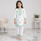 Girls Cotton 2 Piece Suit White & Green Printed Kurti Trouser – Kids Eastern Wear