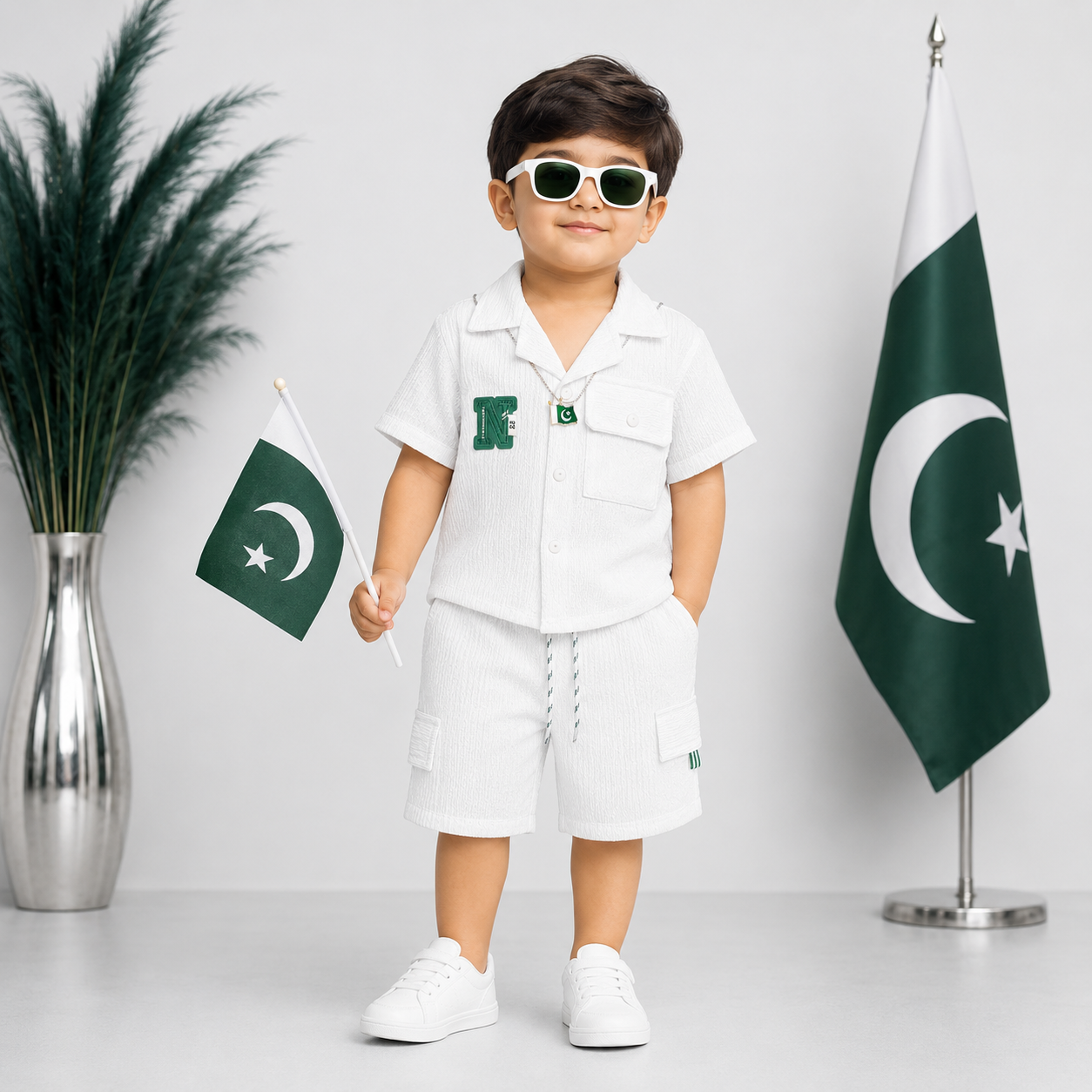 Boys White Independence Day 2 Piece Suit With Pakistan Flag Pendant – 1-4 Years