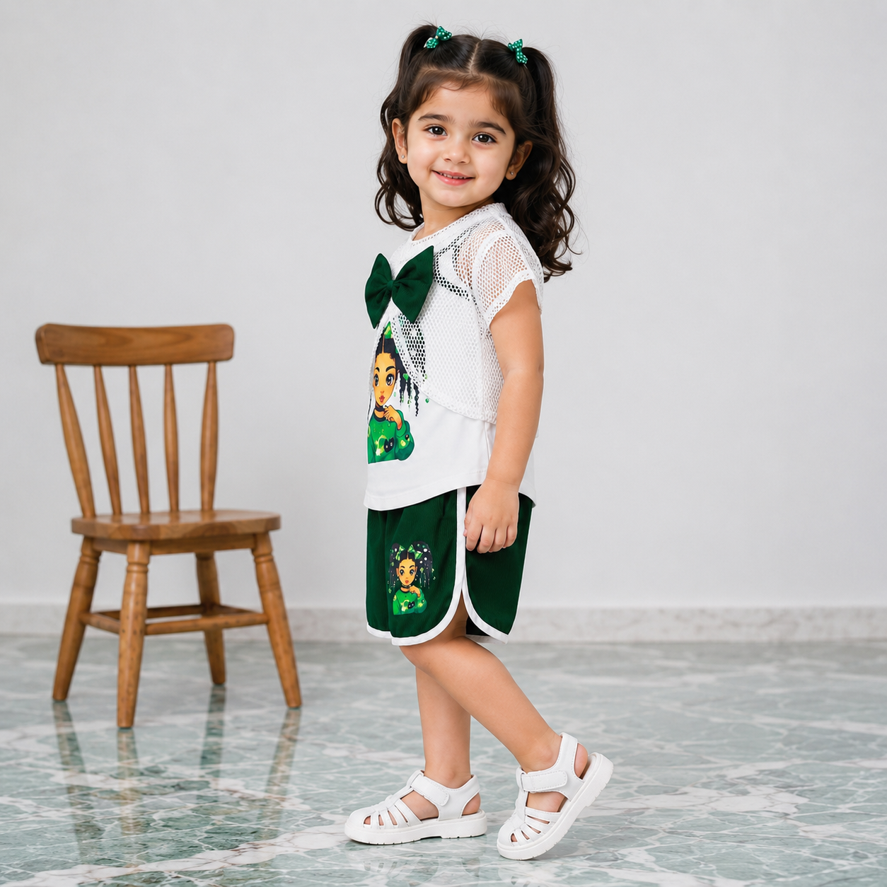 Girls 3 Piece Fancy Jersey Set – Green White – Size 2-5 Years