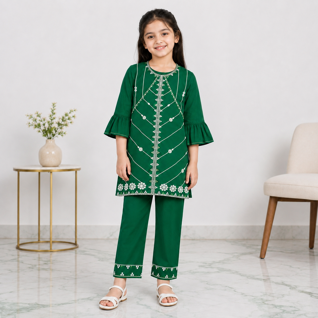 Girls Cotton Embroidered 2 Piece Suit – Green Kurti With Trouser – Kids Eastern Wear