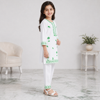 Girls Cotton 2 Piece Suit White & Green Printed Kurti Trouser – Kids Eastern Wear