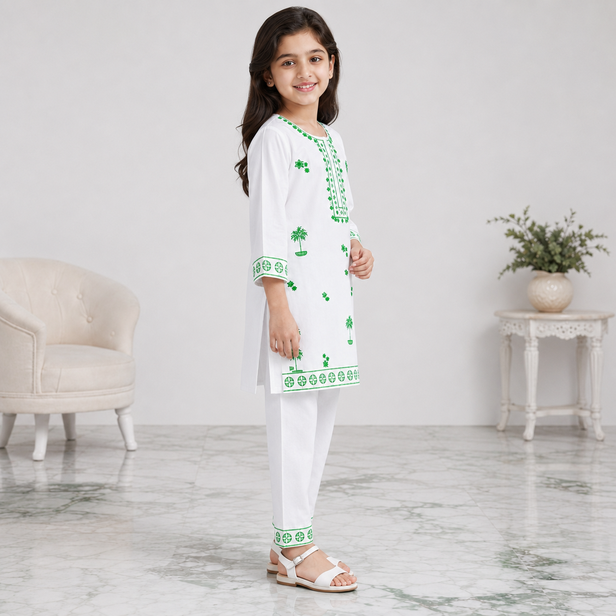 Girls Cotton 2 Piece Suit White & Green Printed Kurti Trouser – Kids Eastern Wear