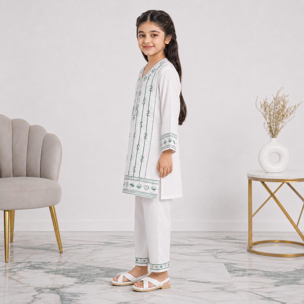 Girls Cotton 2 Piece Suit – White Kurti With Trouser – Green Printed Eastern Wear