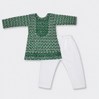 Girls Green & White PV Cotton Embroidered 2-Piece Suit| Lamtar Kids