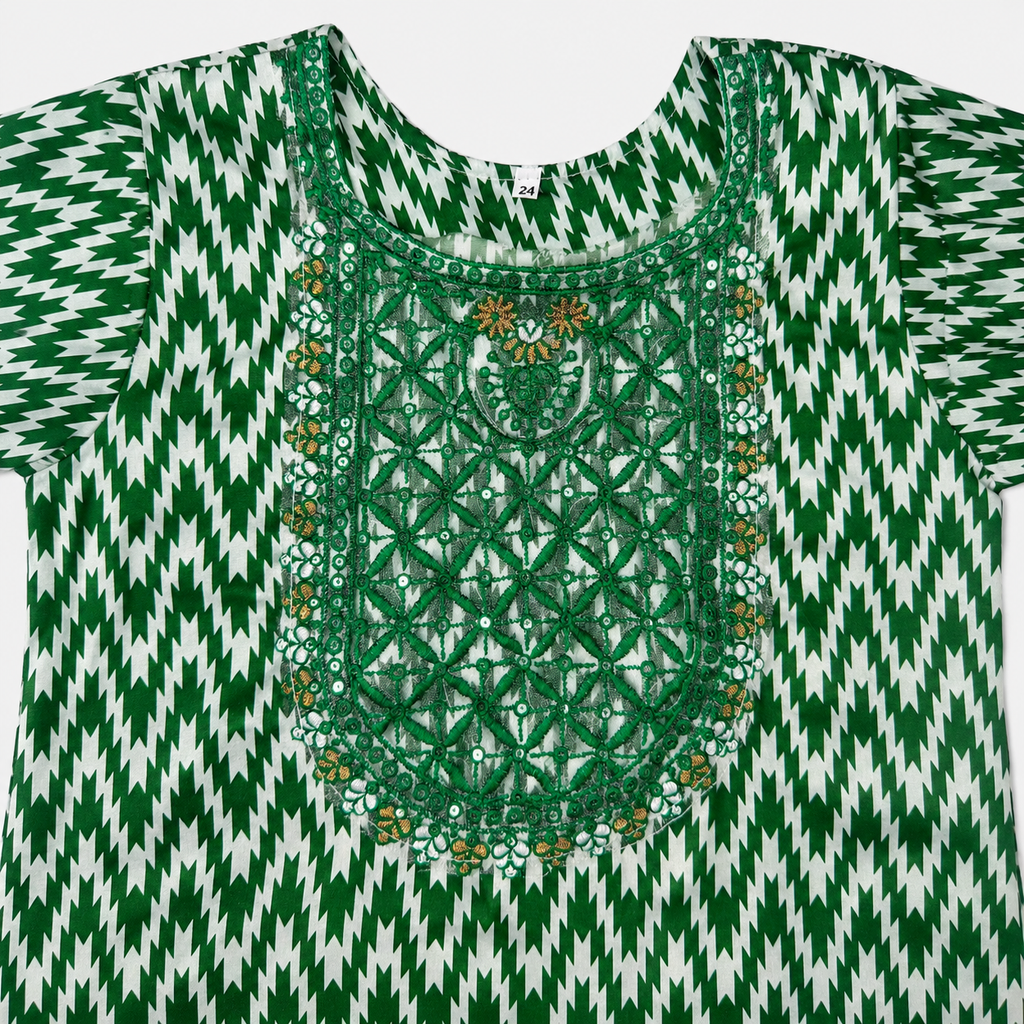 Girls Green & White PV Cotton Embroidered 2-Piece Suit| Lamtar Kids