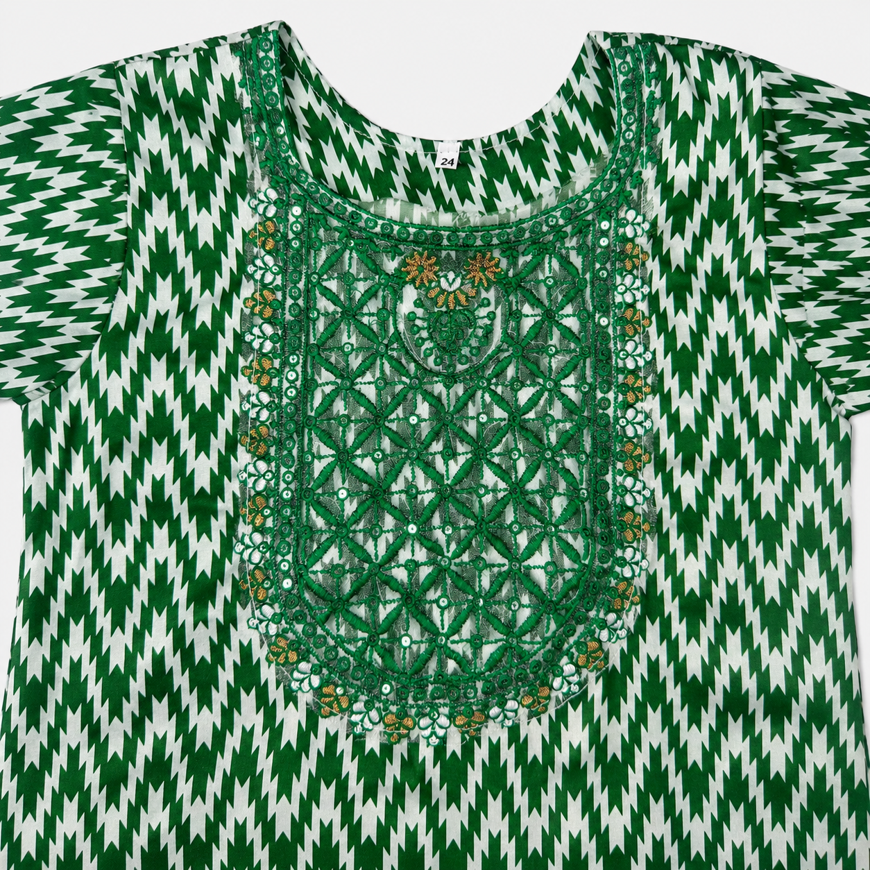 Girls Green & White PV Cotton Embroidered 2-Piece Suit| Lamtar Kids