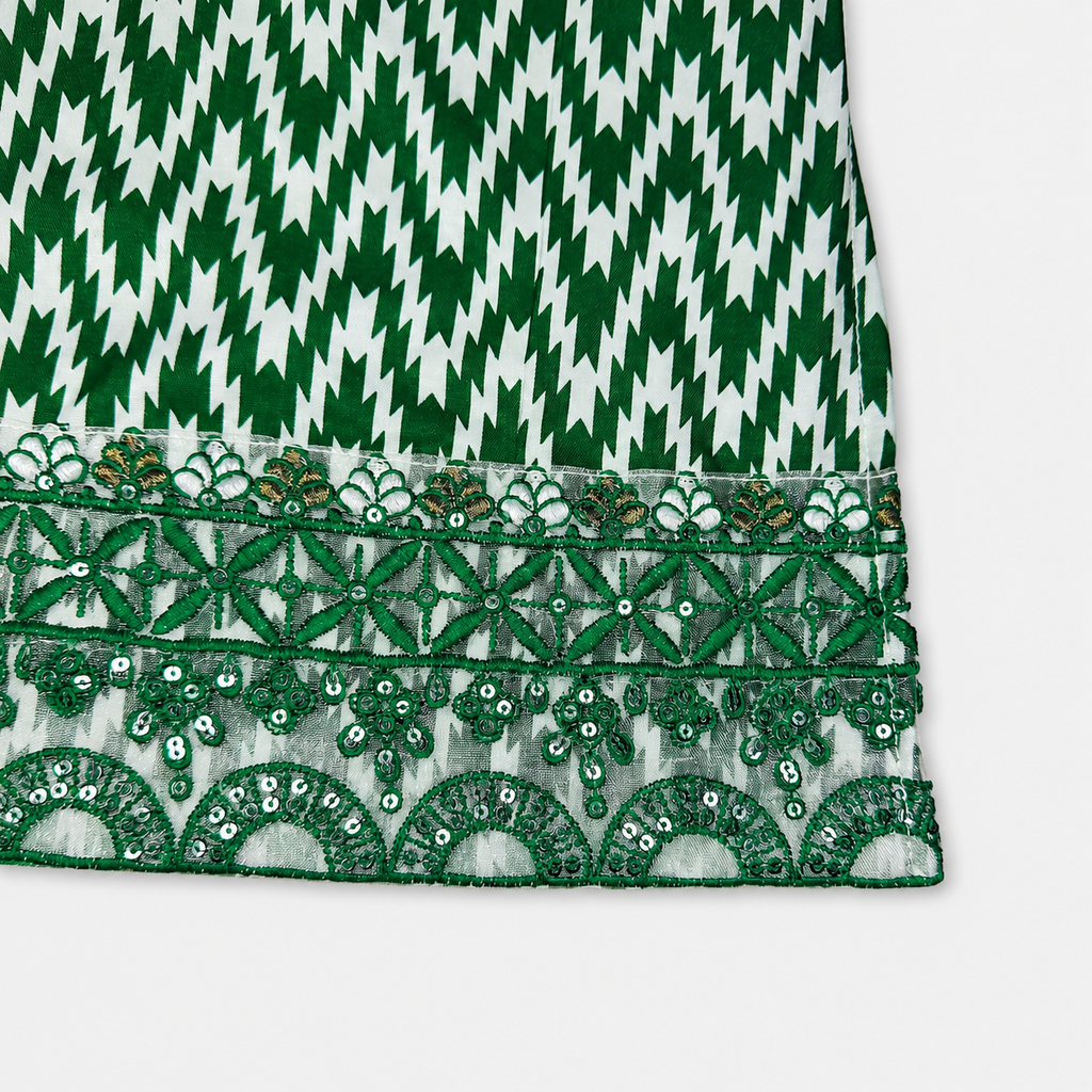 Girls Green & White PV Cotton Embroidered 2-Piece Suit| Lamtar Kids