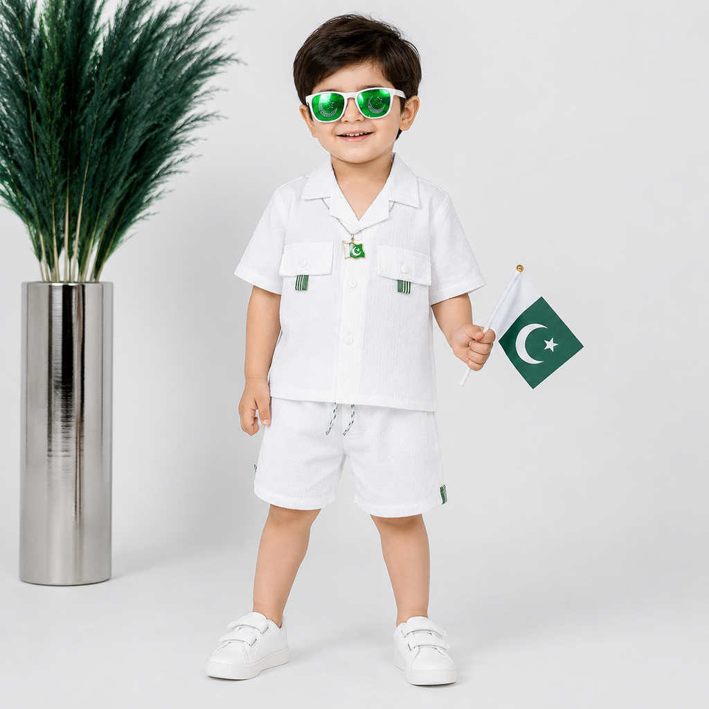 Boys White Independence Day 2 Piece Outfit With Pakistan Pendant – 1-4 Years