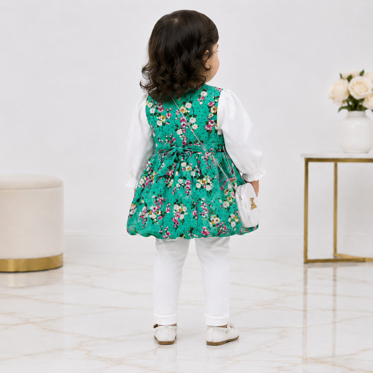 Girls 3 Piece Floral Frock Suit 2-5 Years – Green Printed Dress with Trouser & Bag