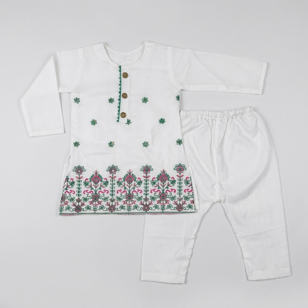 KIDS 2-PIECE WHITE EMBROIDERED KURTI PAJAMA SUIT (14 AUGUST SPECIAL)