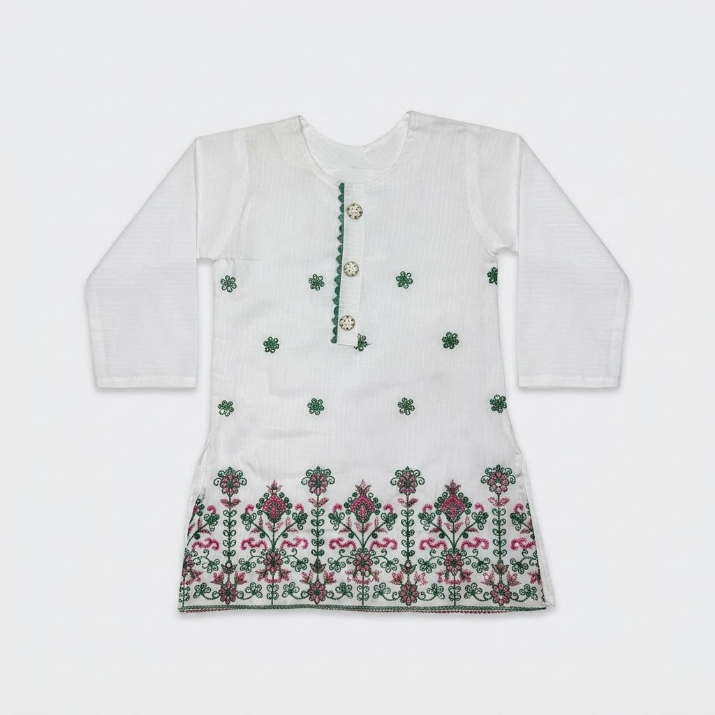 KIDS 2-PIECE WHITE EMBROIDERED KURTI PAJAMA SUIT (14 AUGUST SPECIAL)