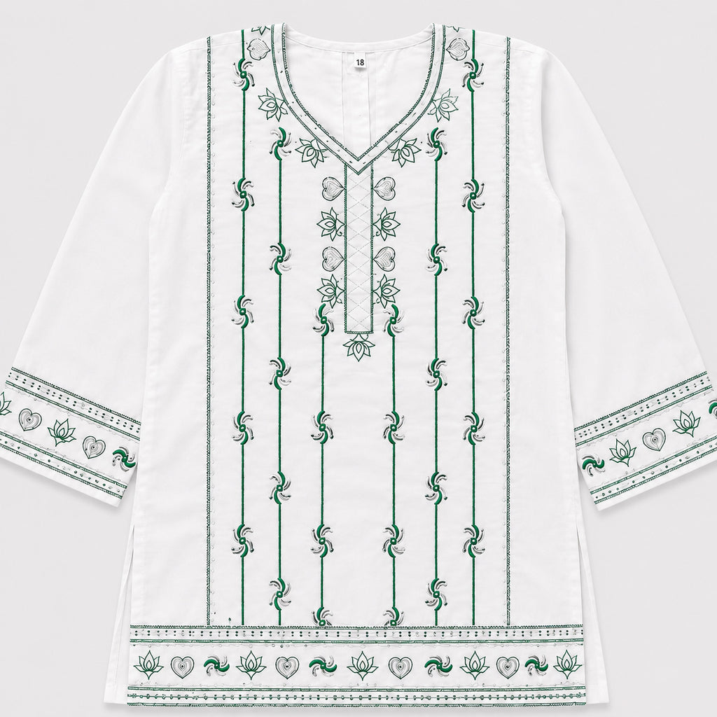 Girls Cotton 2 Piece Suit – White Kurti With Trouser – Green Printed Eastern Wear