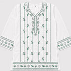 Girls Cotton 2 Piece Suit – White Kurti With Trouser – Green Printed Eastern Wear