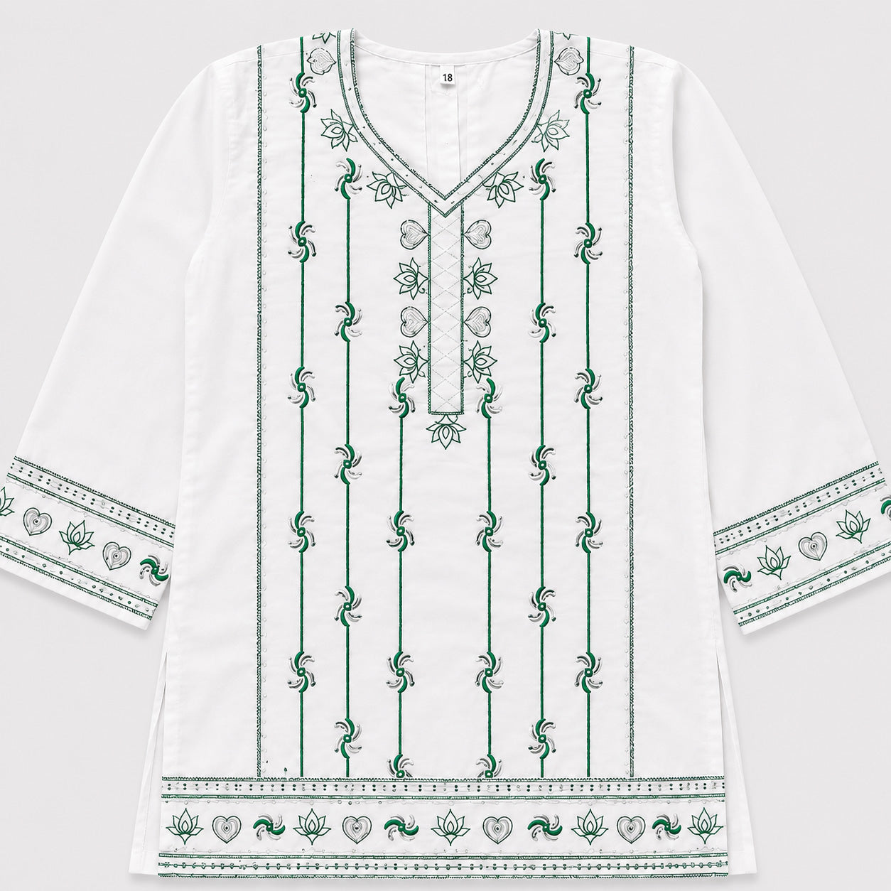 Girls Cotton 2 Piece Suit – White Kurti With Trouser – Green Printed Eastern Wear