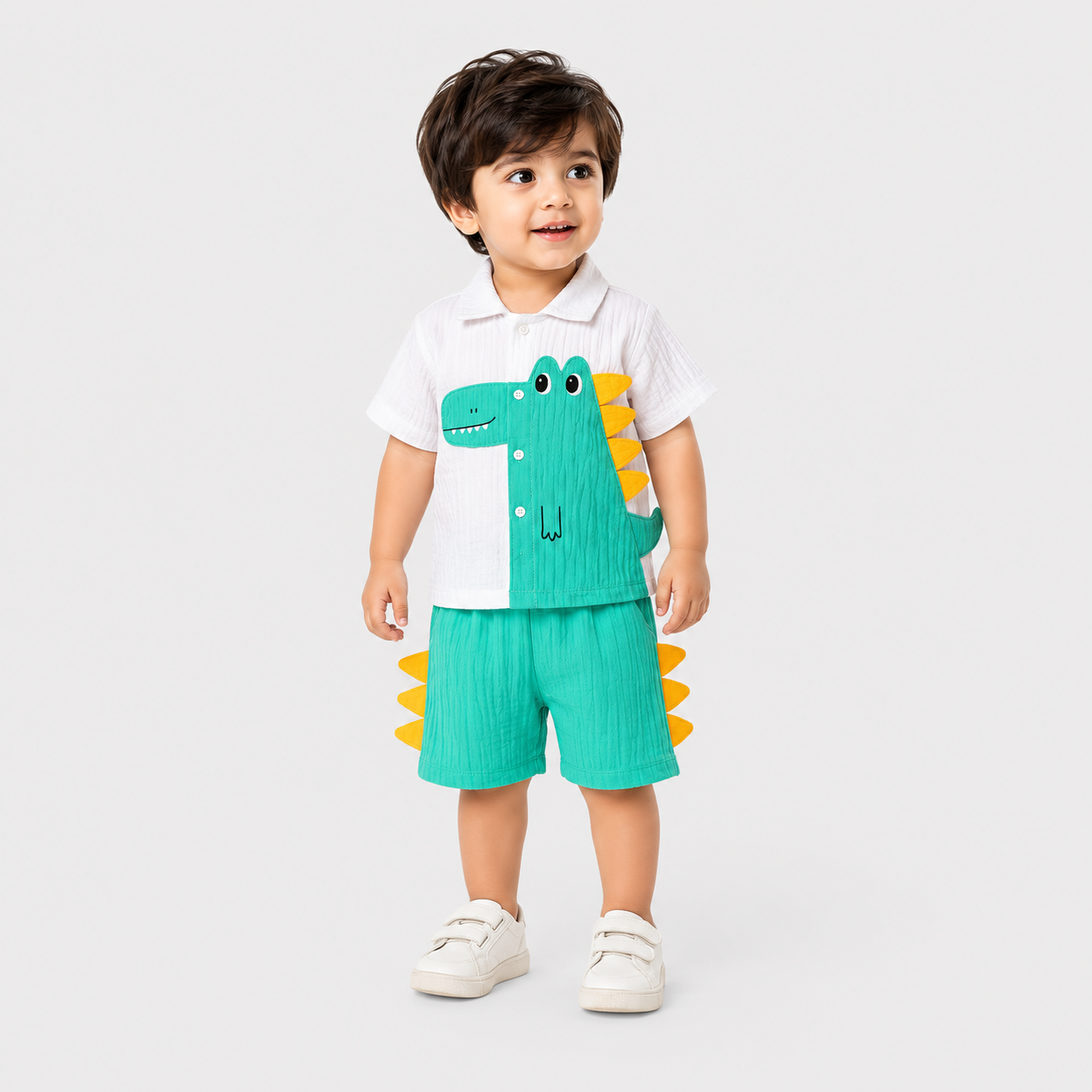 Boys Cotton Crocodile Short Suit – White Green 2 Piece Set | Lamtar Kids